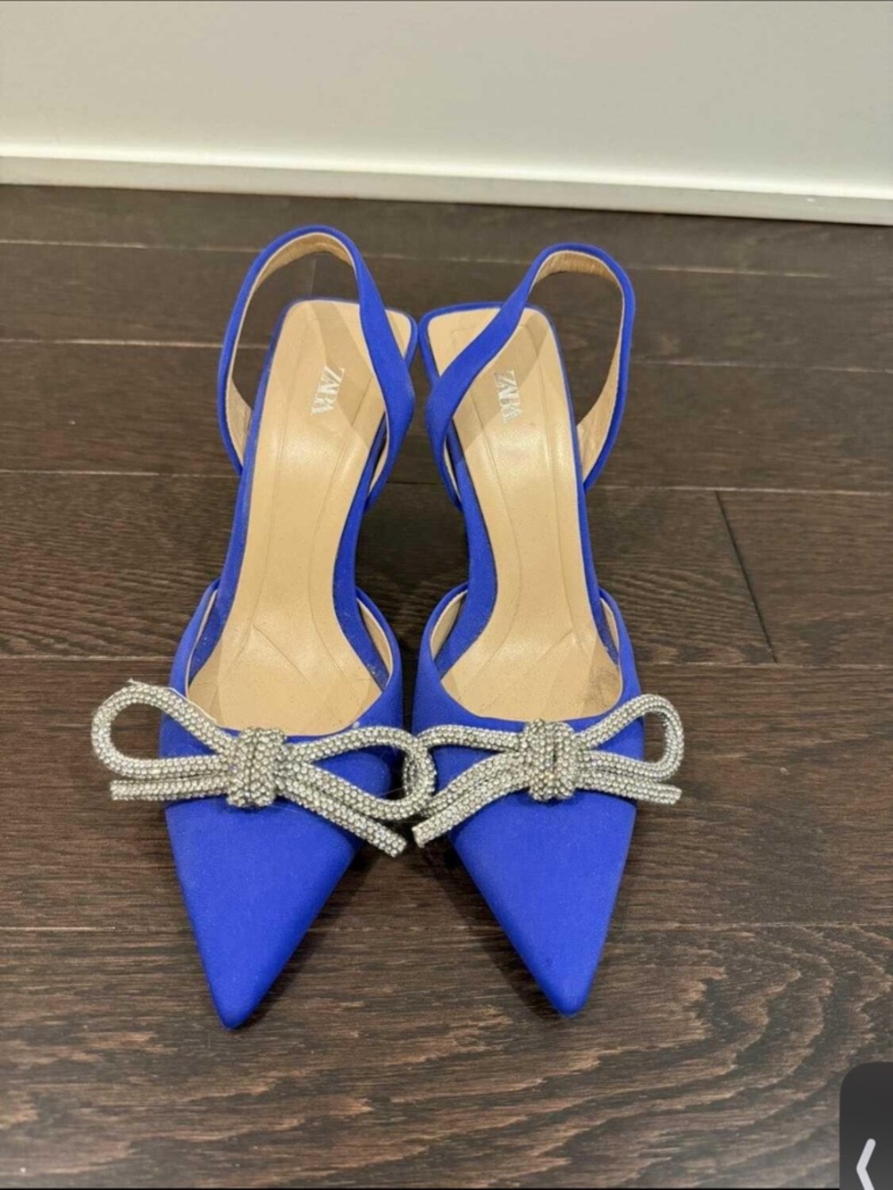 Zara Cobalt Blue Pointed Slingback Heels with Crystal Bow Accent